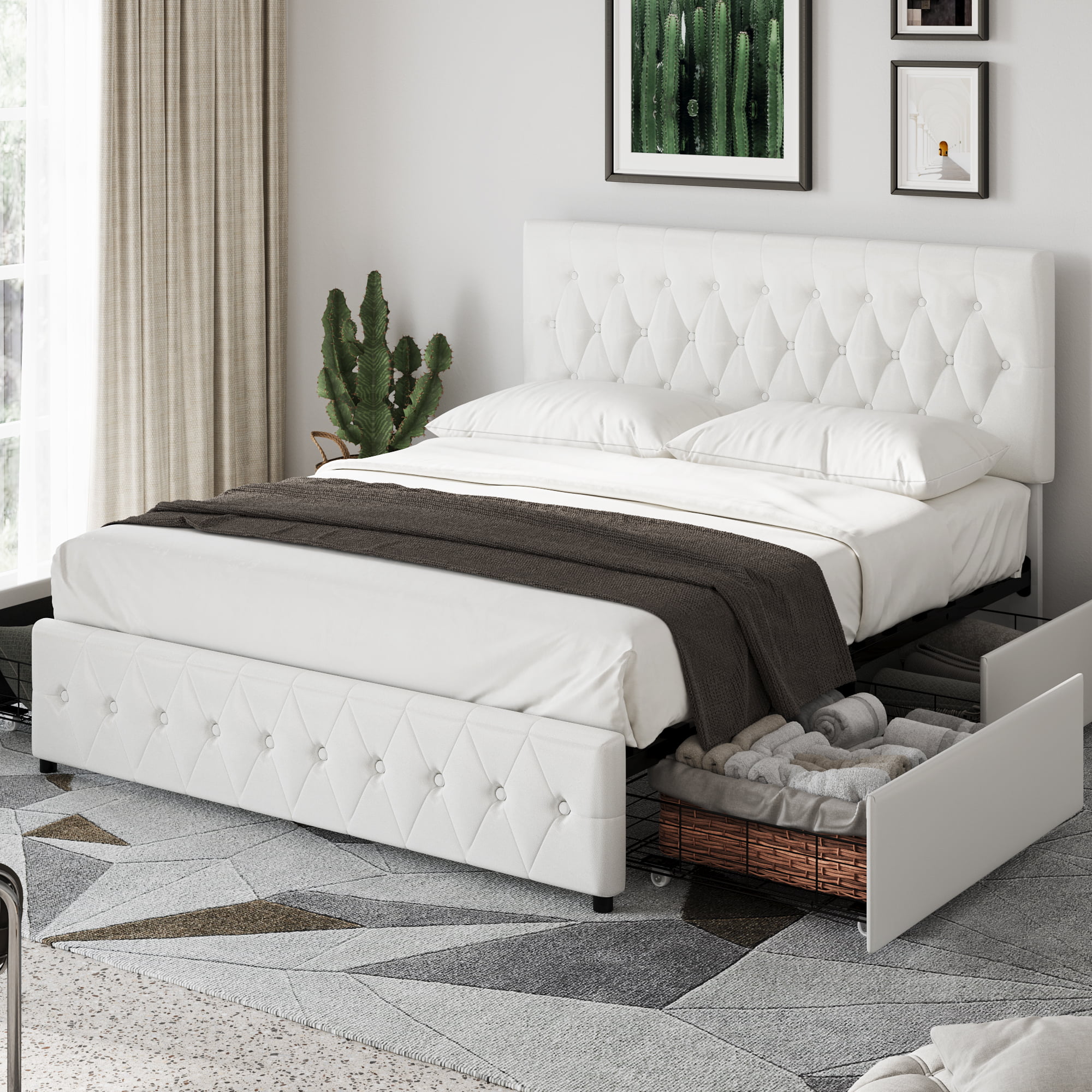 Homfa Full Bed Frame with 4 Drawers, White Faux Leather Storage ...