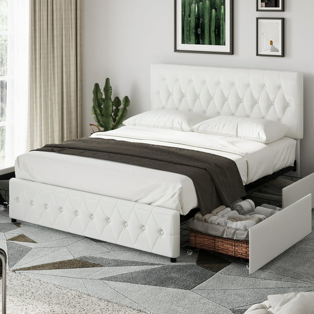 Homfa Full Bed Frame with 4 Drawers, White Faux Leather Storage