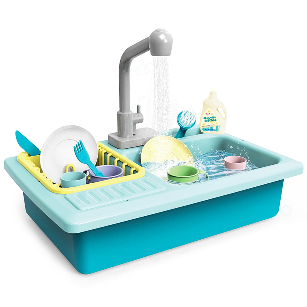 Sink Drain and 16 Accessories Included IQ Toys 18 Piece Deluxe Modern Dishes Play Set Pretend Play Wash Up Kitchen Sink with Real Running Water