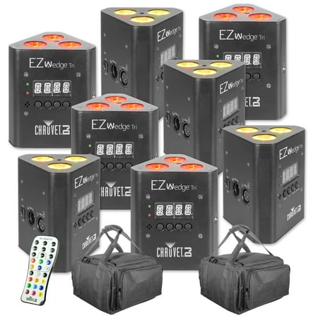 Chauvet DJ EZWedge Tri Battery Power Wireless LED Wash Lights with Remote and Bag (8 Pack)