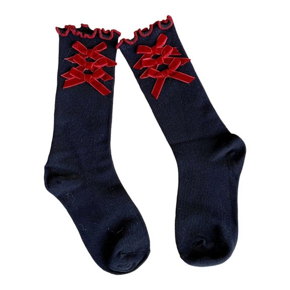 Milue Ribbed Knit Crew Socks Sweet Bowknot Ruffled Edge Frilly Calf Socks for Women