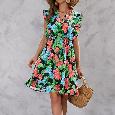 

PhoneSoap Women s Elegant Cute V Neck Flower Print Corset Sleeveless Dress dresses for women 2022 Red