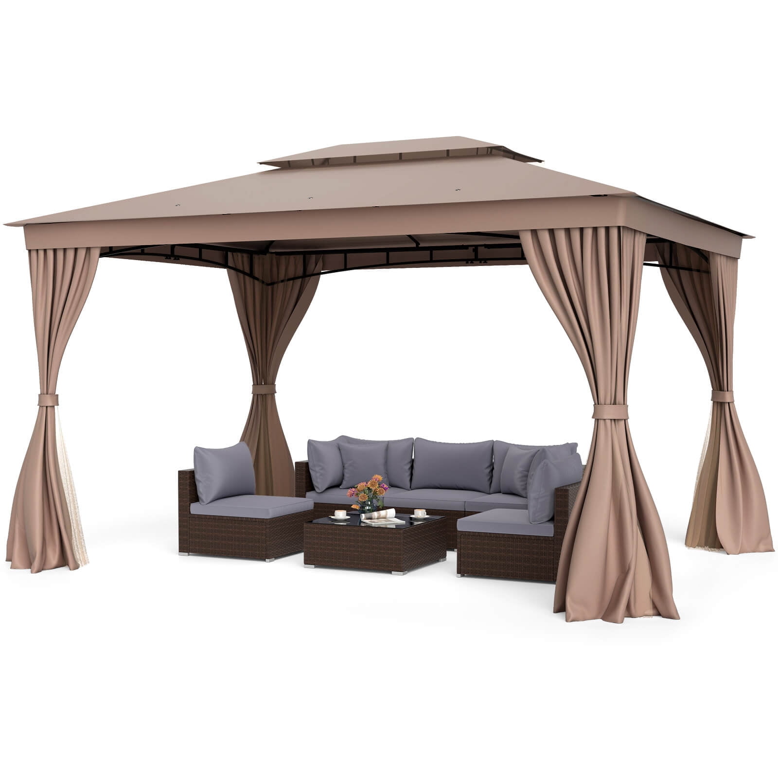 Costway 10 X 13 FT Patio Gazebo, Outdoor Double-Roof Canopy Tent with Mesh Netting Coffee