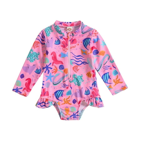 

Baby Swimsuit Girl Summer Long Sleeve Cartoon Marine Print Fashion Ruffled Rash Guard Swimwear Toddler Bathing Suit Girl Size 120 For 3 Years-4 Years
