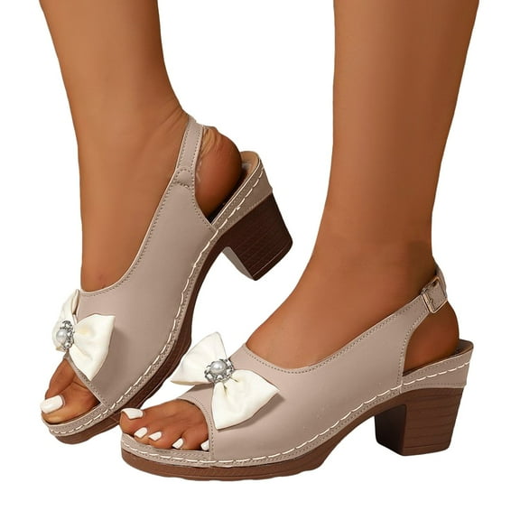 Bow Dressy Sandals for Women Ladies 2025 Summer Fashion Leather Pearl Peep Toe Chunky High Heel Dress Sandals