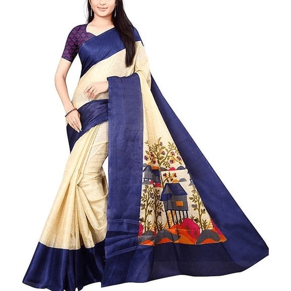 Accessorize Kingdom Fancy Partywear Khadi Cotton Printed Saree for Women with Blouse Piece (s1138_Navy Blue_Free Size)