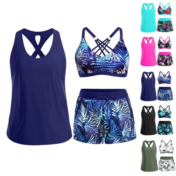 UDAUDU Tummy Control Swimsuits for Women 3 Piece Tankini Swimsuits Bathing Suits Swim Tank Top with Bra Boy Shorts Teen Swimwear 2026 Womens Swimsuits Navy 2XL