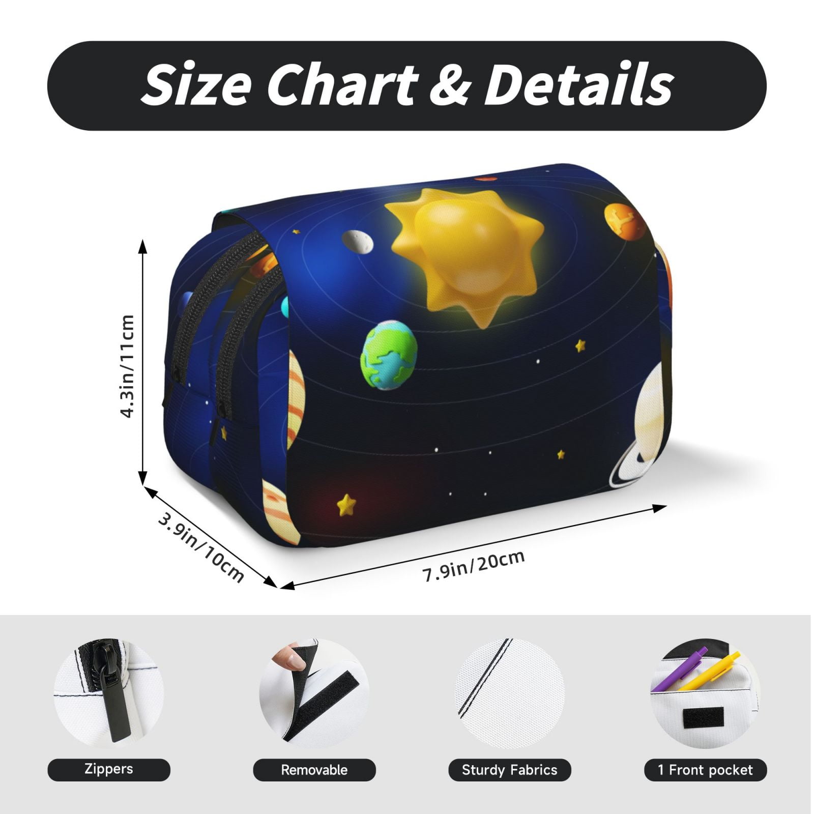Rateoe Solar System Pattern Double Clamshell Pen Case, Storage Organizer with Two Zipper Compartments– Holds Up to 50 Pencils & Pens