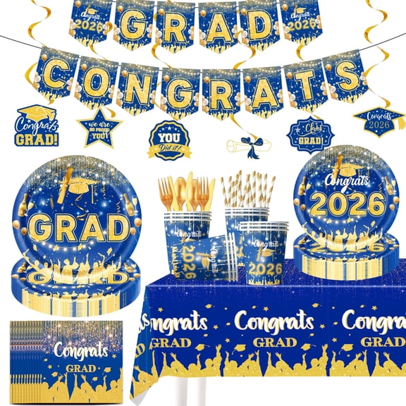 2026 Graduation Party Supplies, Congrats Grad Tableware & Decor Full Set, Blue Gold for Grad Party (L)