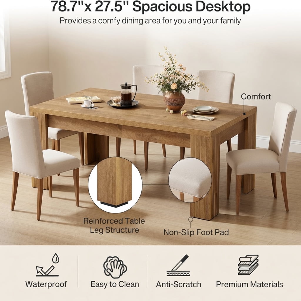 Hommoo 78.7 Inch Farmhouse Dining Table for 6–10 People, Rectangular Kitchen Table, Scratch-Resistant MDF Surface, Easy Assembly, Brown