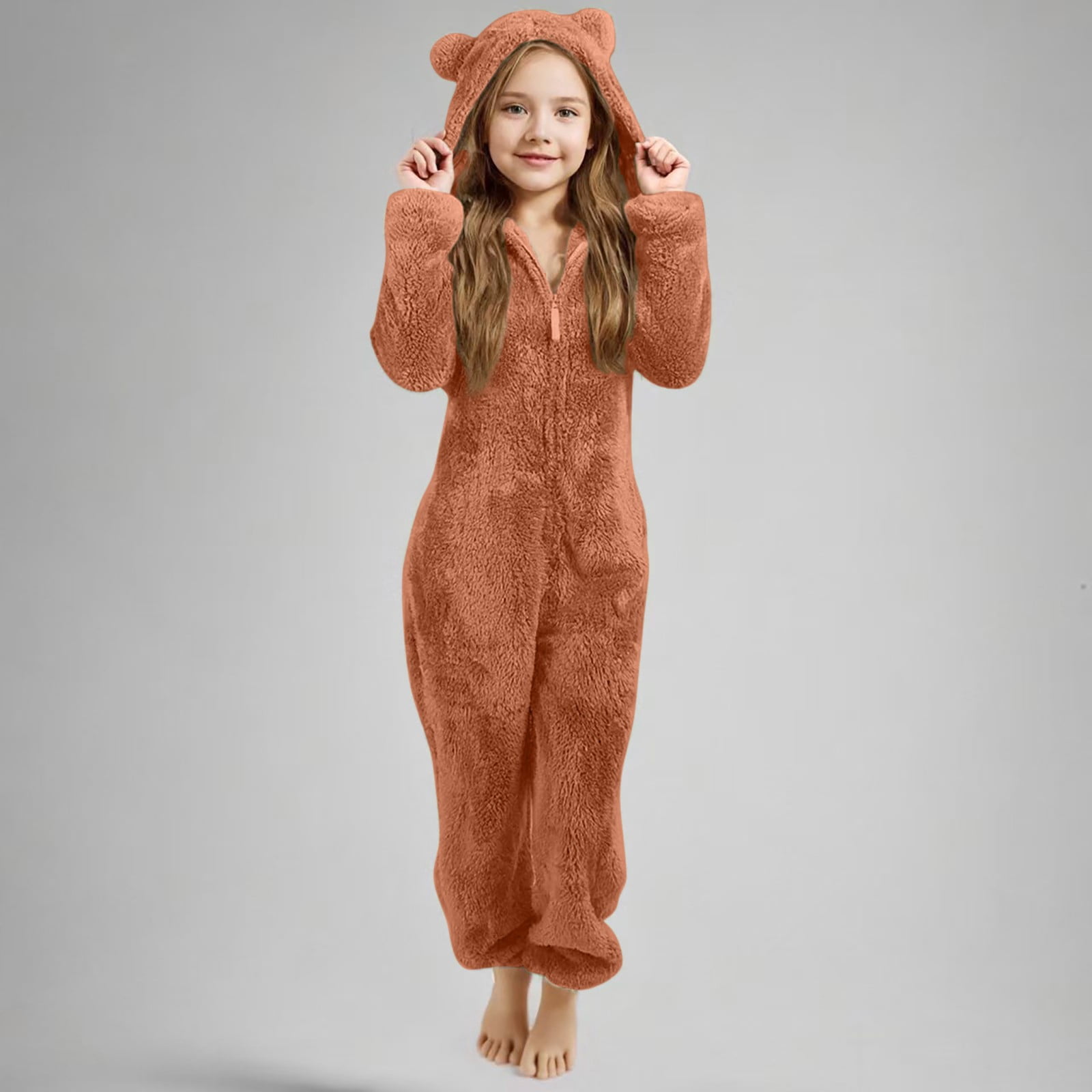 Otqutp Girls Fleece Onesie Fleece Warm Sherpa Bed Jumpsuit Kids Cute Plain Zip up Long Sleeve Soft Hooded Romper for Winter
