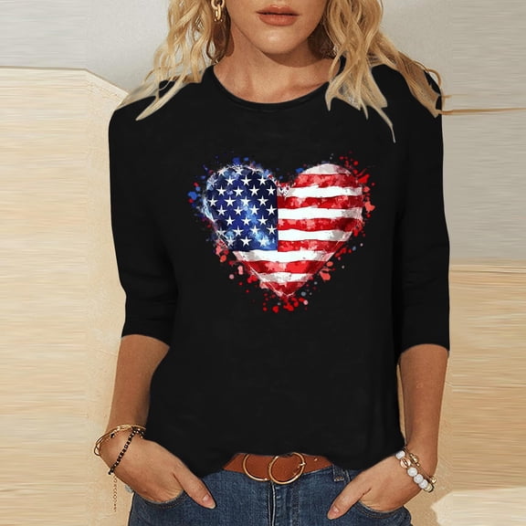 Lorytime Womens 4th of July Shirt Patriotic Graphic Outfits Red White and Blue Clothes 3/4 Sleeve Holidays Wear Black 2XL