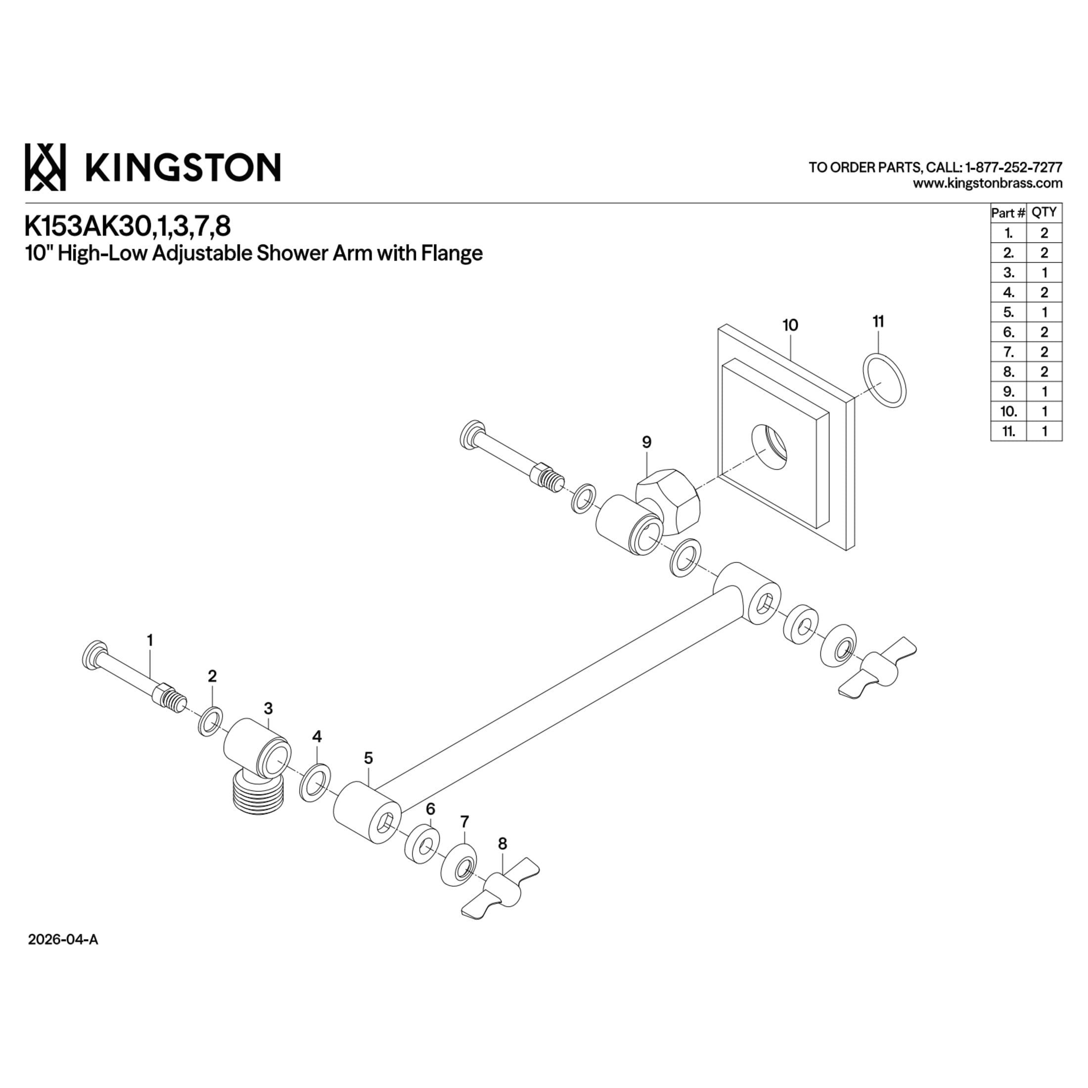 Kingston K153AK31 Claremont 10" Adjustable High-Low Shower Arm with Square Flange, Polished Chrome