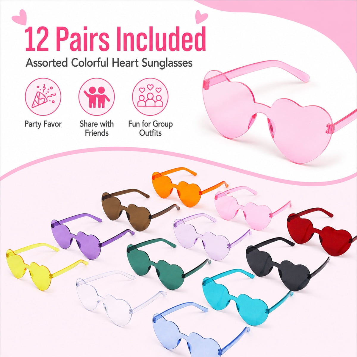 Heart Glasses for Women Valentine Party Glasses Fun Trendy Heart Shaped Glasses for Birthday Wedding Bachelorette Party Favor Mixed Color 12PCS