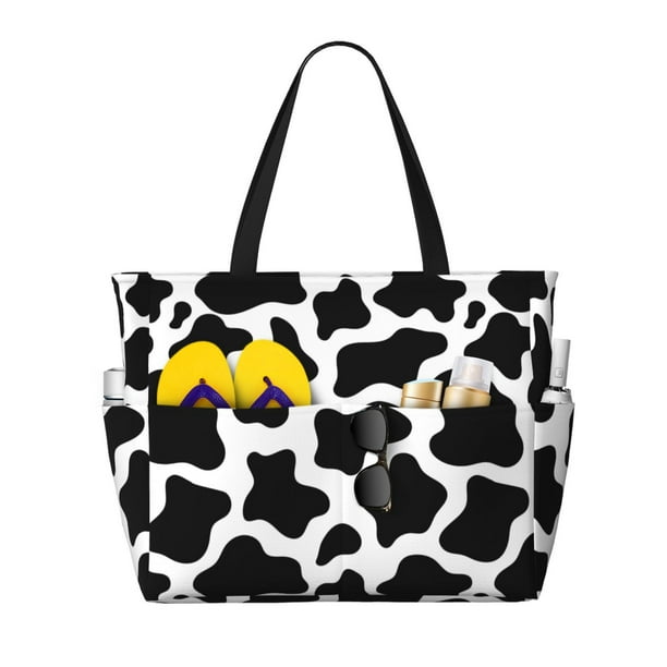Fotbe Cow Print Black White Bolsa de Viaje para Playa - Resistente al Agua, Bolsa Tote de Gran Capacidad y Ligera con 7 Bolsillos para Mujeres y Hombres