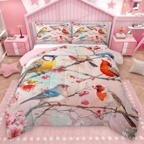 Homewish Colorful Wild Birds Queen Comforter Set,Pink Sakura Bedding Sets,Cardinal Bird Bedding Comforter Set For Kids,Breathable Home Decor Reversible,3-Piece