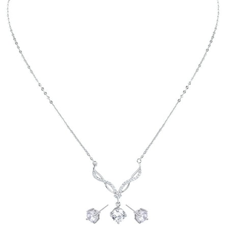EZI Rhodium-Plated CZ Cubic Zirconia Solitaire Drop Pendant Necklace & Stud Earrings Women’s Costume Jewelry Set