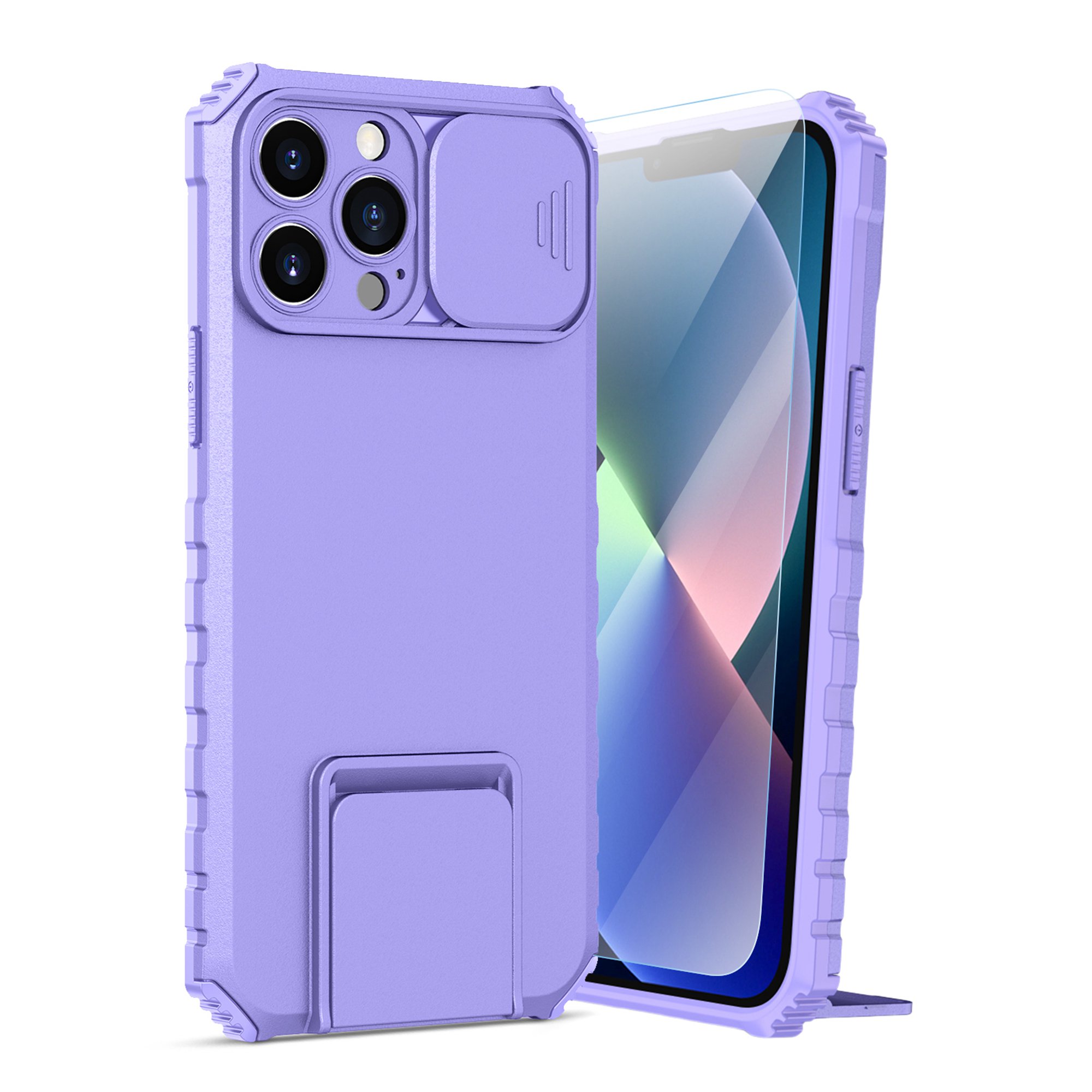 Dteck for iPhone 14 Plus Case with Screen Protector, Slide Camera Protector Phone Case with Built-in Stand Shockproof Rugged Bumper for iPhone 14 Plus,Purple