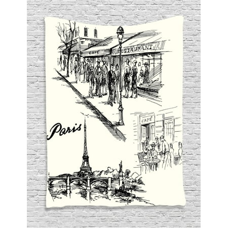 Eiffel Tower Decor Wall Hanging Tapestry, Paris Sketch Style Cafe Restaurant Landmark Canal Boat Streetlamp Retro Art Print, Bedroom Living Room Dorm Accessories, By