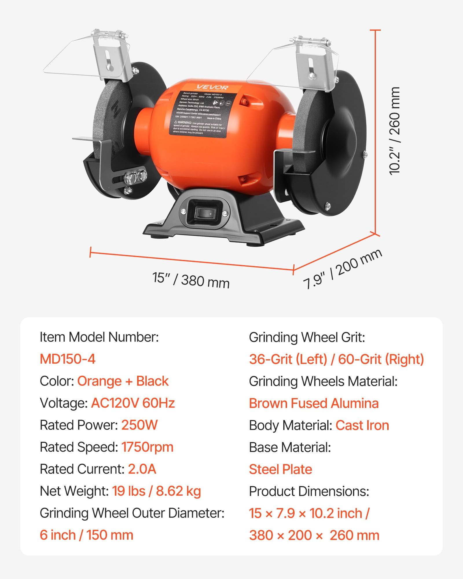 VEVOR Bench Grinder,6-inch Single Speed Bench Grinder,1750RPM Low-Speed Table Grinders with 250W 2A Induction Motor, 36/60-Grit Grinding Wheels & Adjustable Tool Rest for Precise Sharpening Grinding