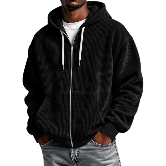 Corduroy Full Zip-Up Ribbed Hoodies for Men Long Sleeve Solid Color Casual Sweatshirt Fall winter Outerwear