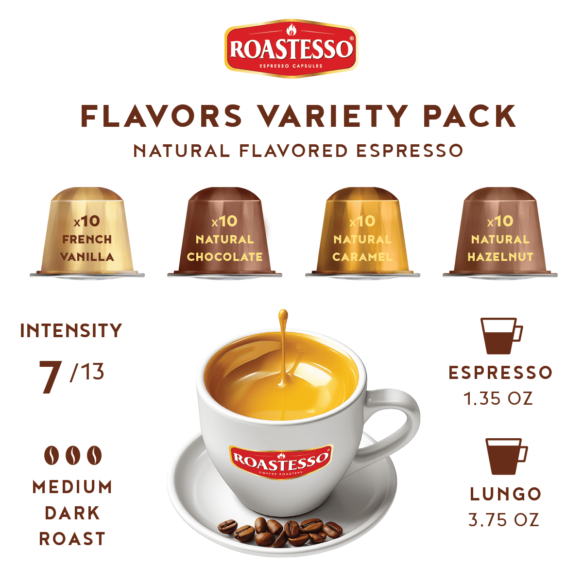 Roastesso Coffee Natural Variety Pack Flavored Nespresso Capsules Compatible OriginalLine Espresso Pods, Intensity 7 (40 Count)