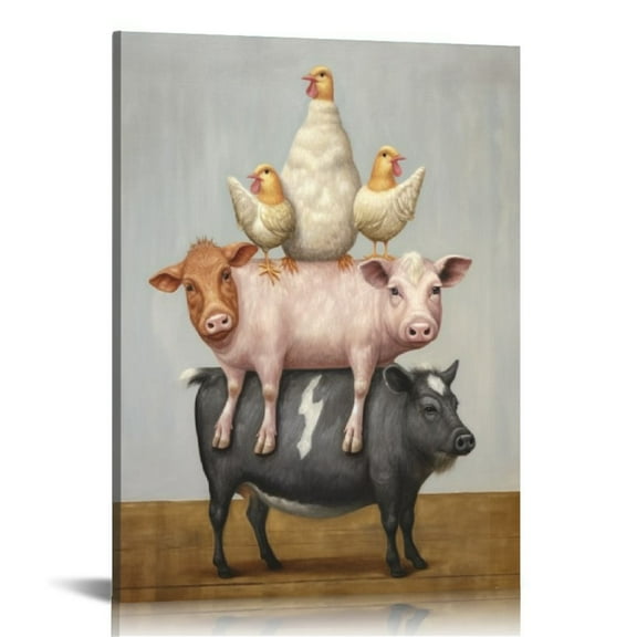 ARISTURING  Farmhouse Wall Decor Canvas Print: Farm Animals Cow Pig Sheep and Rooster Sit on Top of Each Other Inspirational Posters for Kitchen Framed Ready to Hang