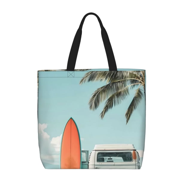 Fotbe Vintage Surf Van Beach Bolsa Tote con Estampado para Mujer, Bolsos con Cremallera, Bolsa de Hombro Casual de Gran Capacidad con Bolsillos Internos