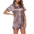 thumbnail image 6 of BLVB Satin Pajamas Set Women's Short Sleeve Tops Sleepwear Soft Silk Button Down Loungewear Comfy Pjs Shorts Set Homewear, 6 of 6
