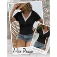 thumbnail image 6 of HUBERY Women Lace V Neck Button Decor Short Sleeve Solid Color Slim Fit Top, 6 of 7