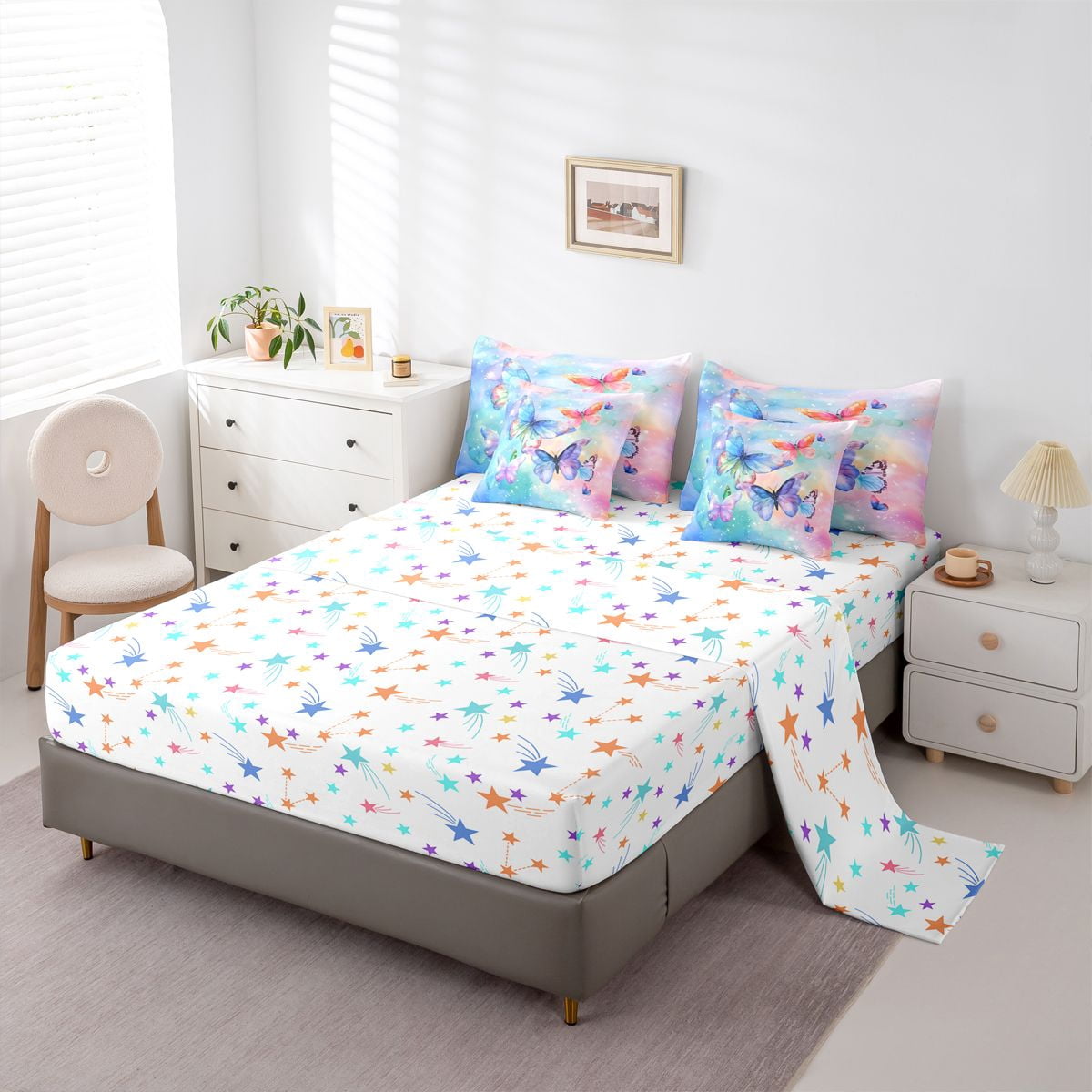 Homewish Watercolor Gradient Butterfly 7pcs Bedding Comforter Set,3D Colorful Butterflies Queen Bedding Sets,Blue Pink Ombre Queen Sheet Sets For Girls Teens,Luxury Bedroom Decor Reversible