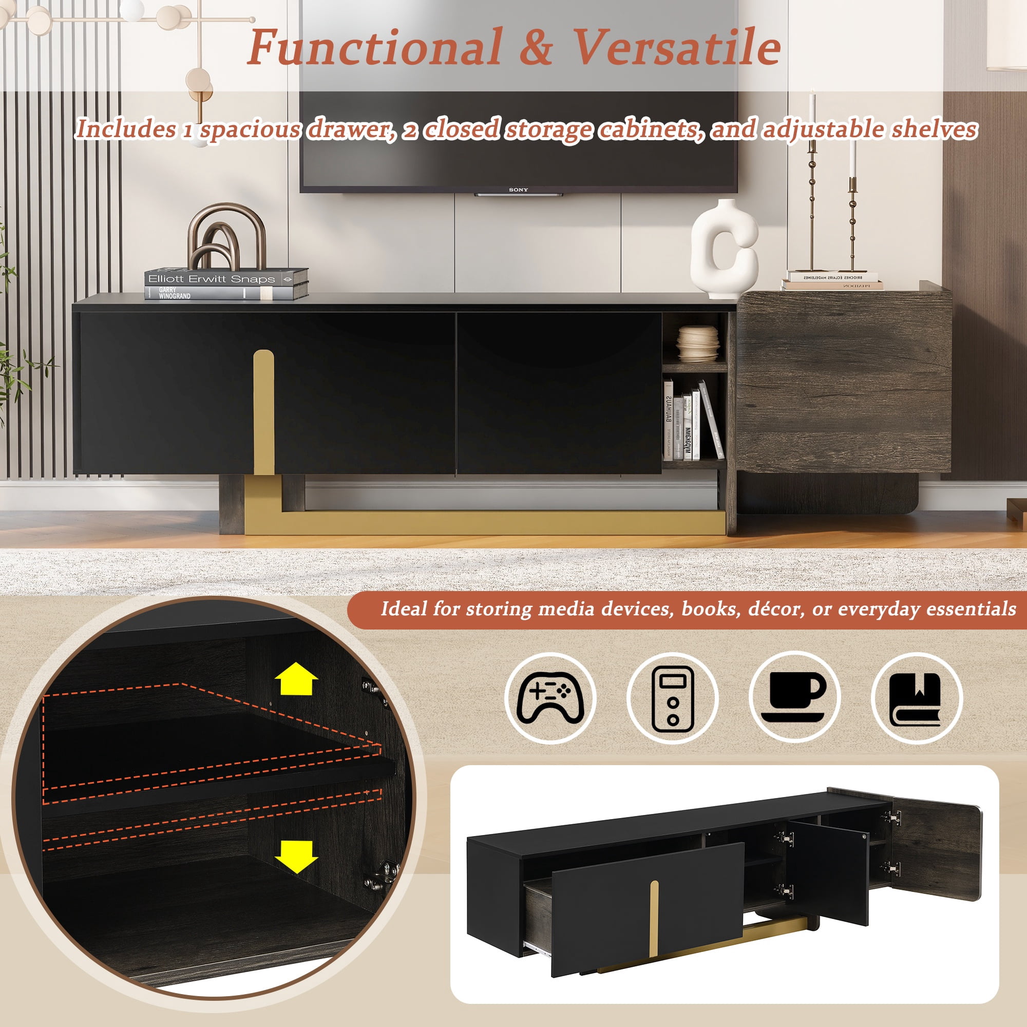 PORKISS Modern TV Stand for TVs up to 70 Inches, Wood TV Console with Gold Metal Base, Media Console Cabinet with Drawer & Adjustable Shelves, for Living Room, Black
