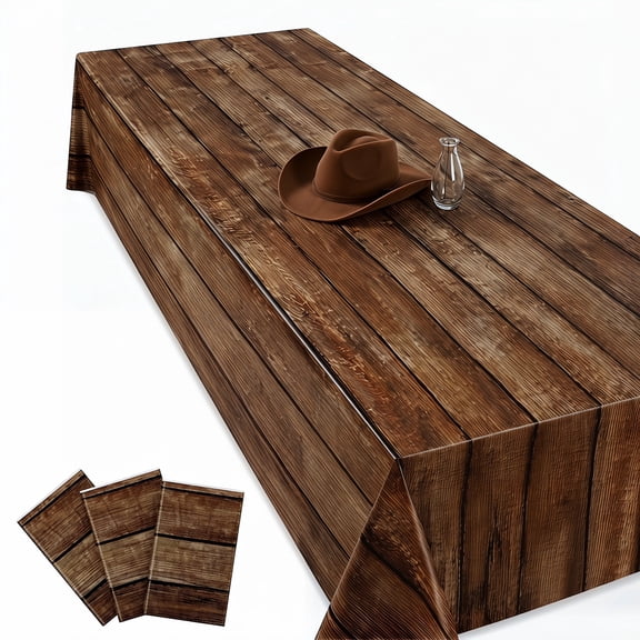 3 Pack Brown Wood Grain Tablecloth 54 x 108 Inch Rustic Farmhouse Tablecloth for Rectangle Tables, Vintage Western Tablecloth for Cowboy Party Decorations, Farm Themed & Western Birthday Party Decor