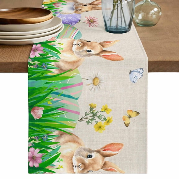 Table Runner 70 Inches Long for Kitchen Dining, Easter Bunny Dresser Scarf Farmhouse, Dining Table Decorations for Wedding/Parties, Spring Easter Eggs Floral Rustic Burlap 13 x 70 In