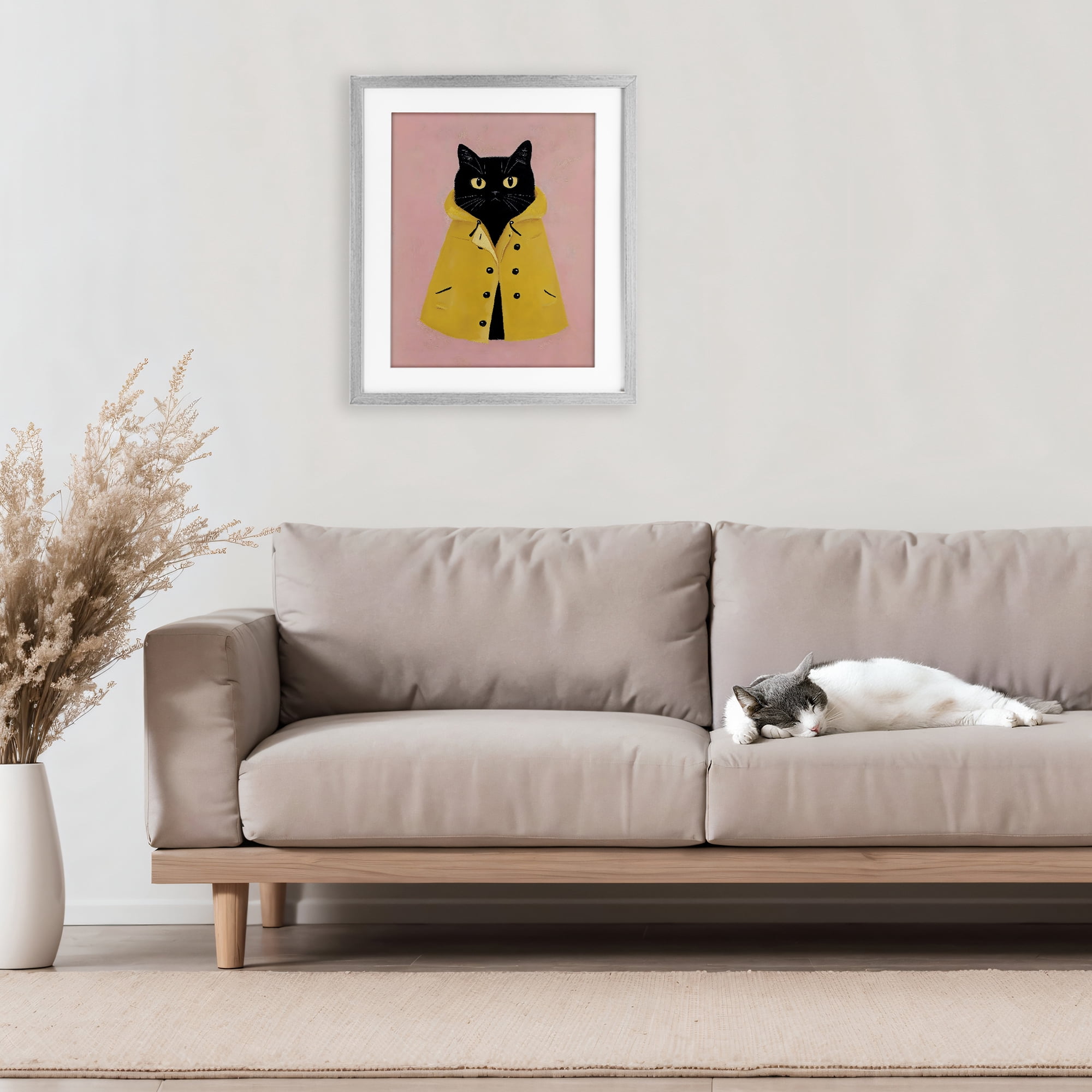 Stupell Industries Black Cat in Yellow Raincoat Gray Framed Print Under Glass, design by The Prints Vibe