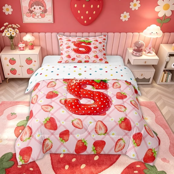 meiyoeat Strawberry Letter S Twin Comforter Sets for Kids, Princess Buffalo Bedding Set for Bedroom, Pink, Polkadot Reversible 2-Piece, 1 Comforter and 1 Pillowcase