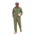 thumbnail image 3 of GrmtClth Linen Blend 2 Piece Outfit Sets For Men Cuban Collar Long Sleeve Button Shirt Elastic Drawstring Waist Straight Trousers Cool Breathable Casual Beach Wear Set Army Green XL, 3 of 7