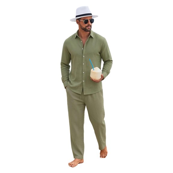 Delconic Mens Linen Blend Two Piece Beach Set Long Sleeve Button Down Shirt and Casual Loose Fit Pants Breathable Resort Wear Army Green L