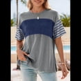 thumbnail image 4 of Blusas de Verano para Mujer, de Gran Tamaño, con Cuello Redondo, Informales, con Bloques de Color y Rayas, Color Azul, Talla L, 4 of 9