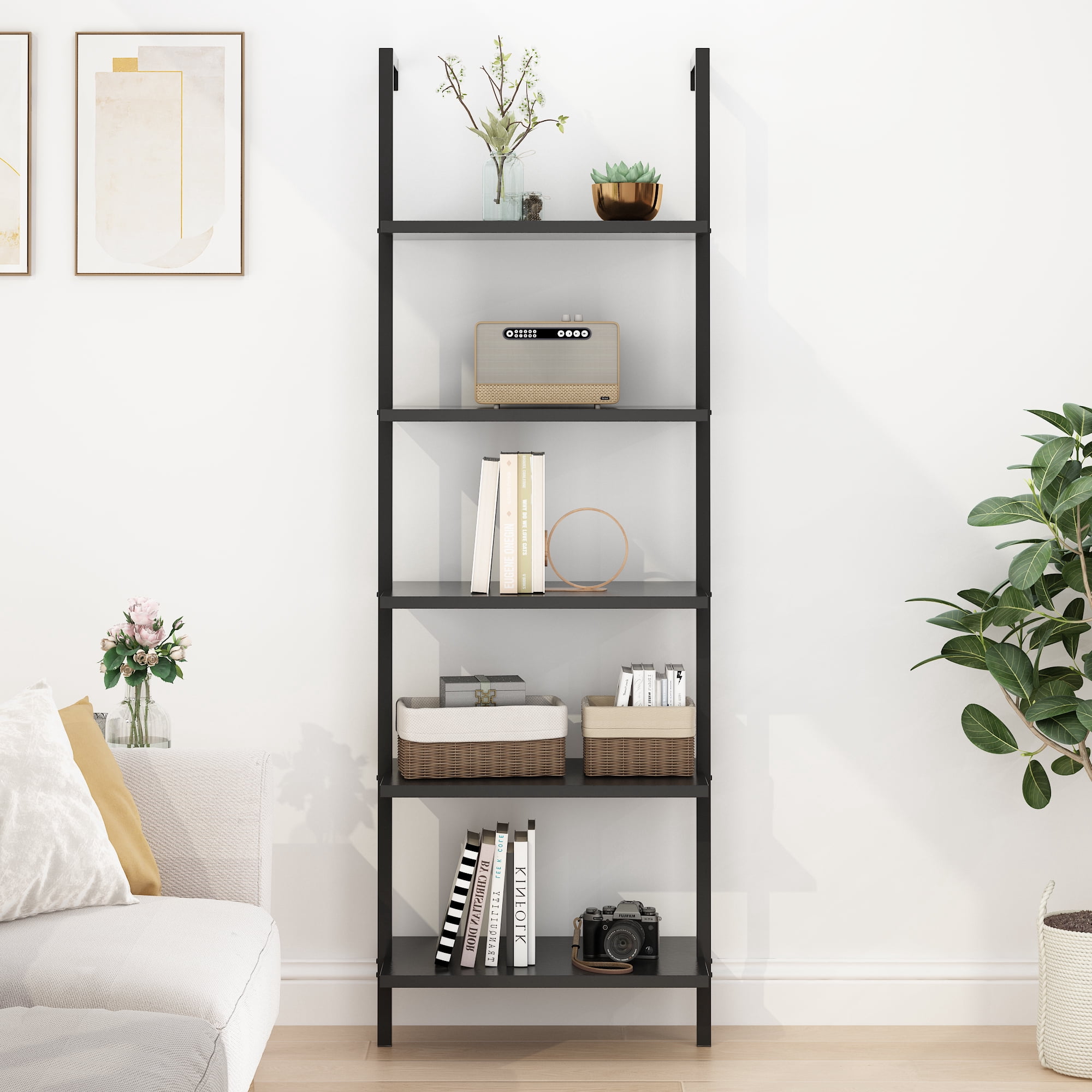 5-Layer Wall-Mounted Display Rack, 23.62 x 11.81 x 70.87 in, Black Walnut Wood Panels with Black Iron Frame