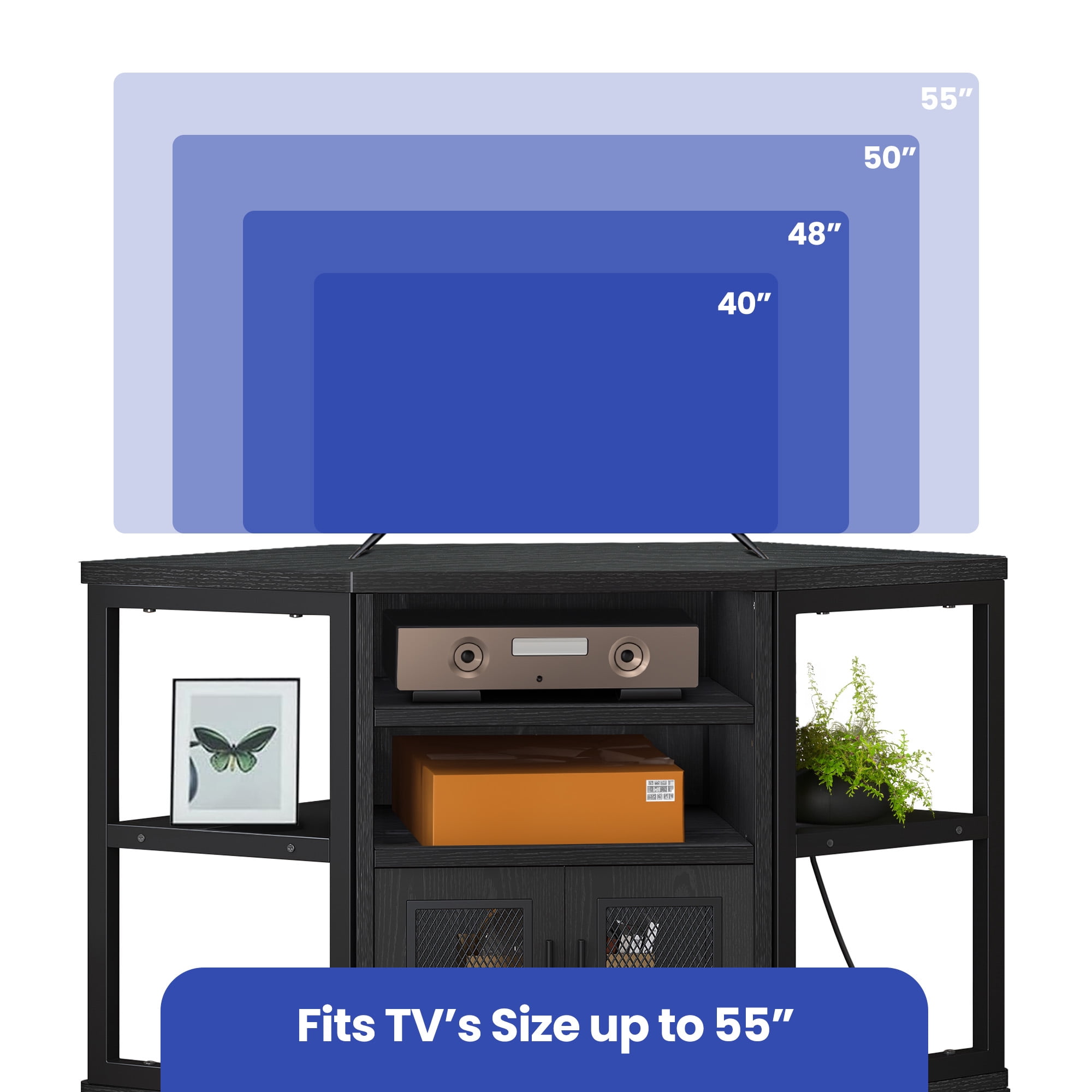 Wooflex Black Entertainment Center, 55" TV, Modern Farmhouse, Adjustable Shelves, Freestanding
