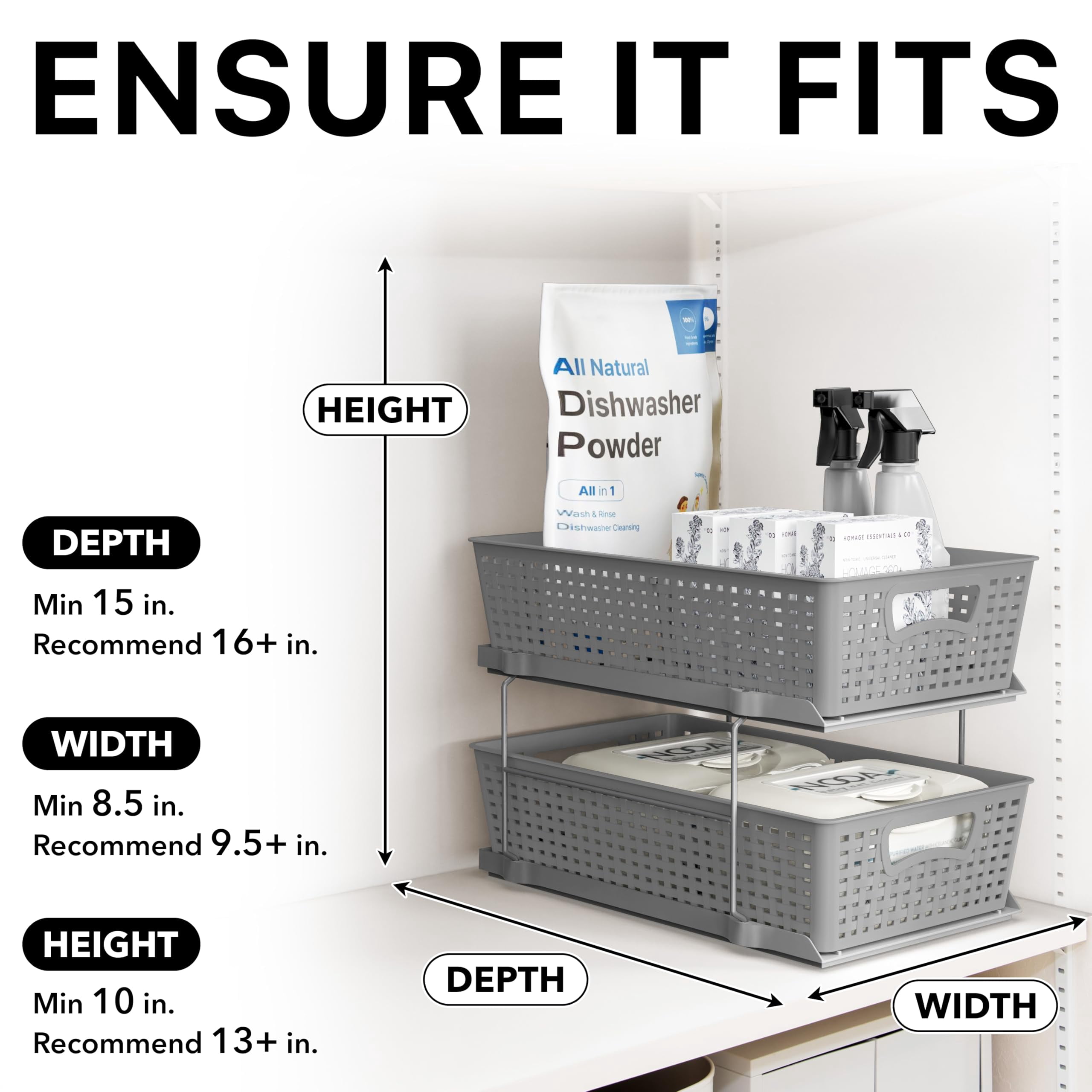 2 Tier Bathroom Organizer Tray Pull-out Sliding Drawer  Under Sink Storage Gray