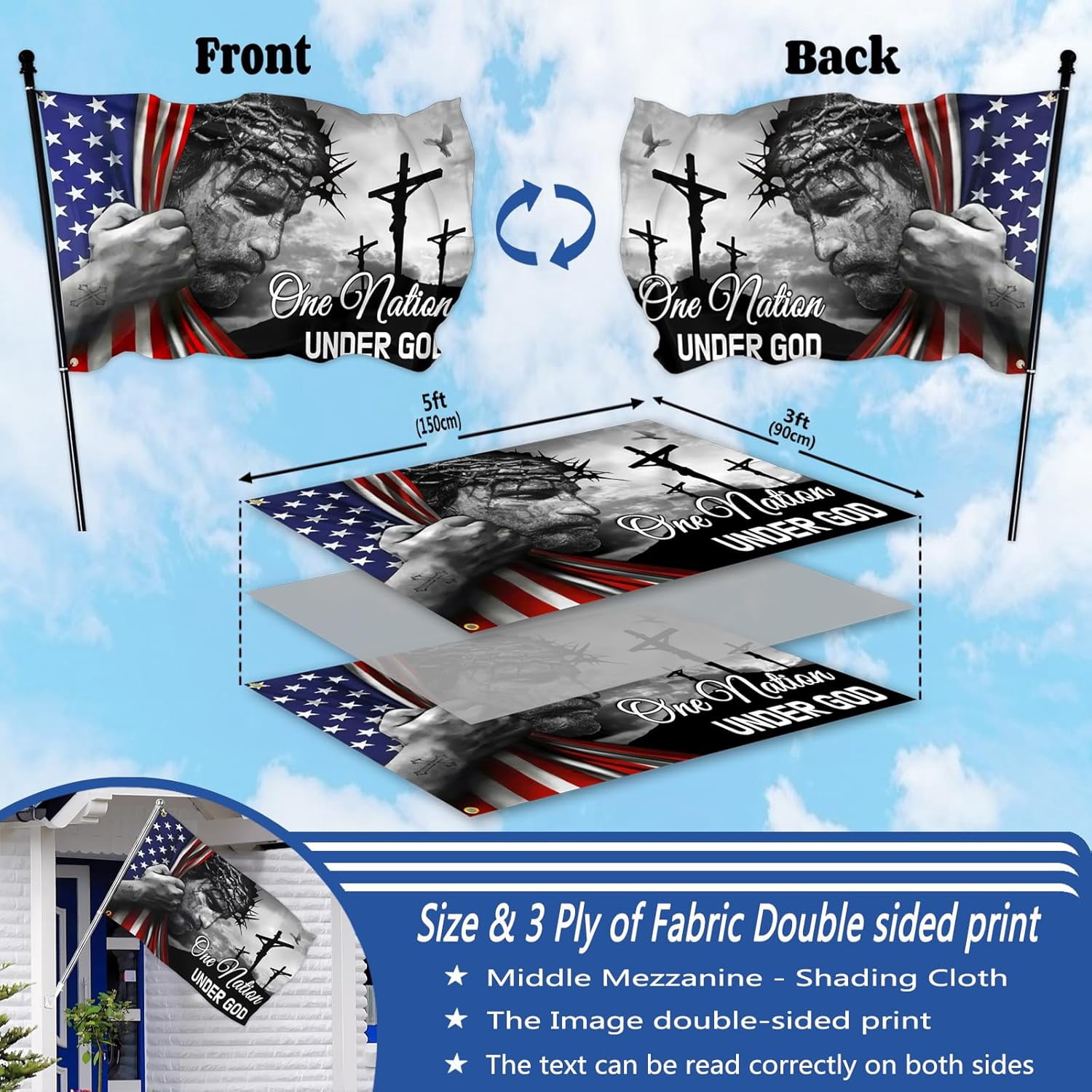 One Nation Under God Flag Christian Jesus American Flags for Outside 3x5 Double Sided 3 Ply In God We Trust Flag Jesus Easter Flag Banner for House Yard Indoor Outdoor Faith Patriotic Flag Decor