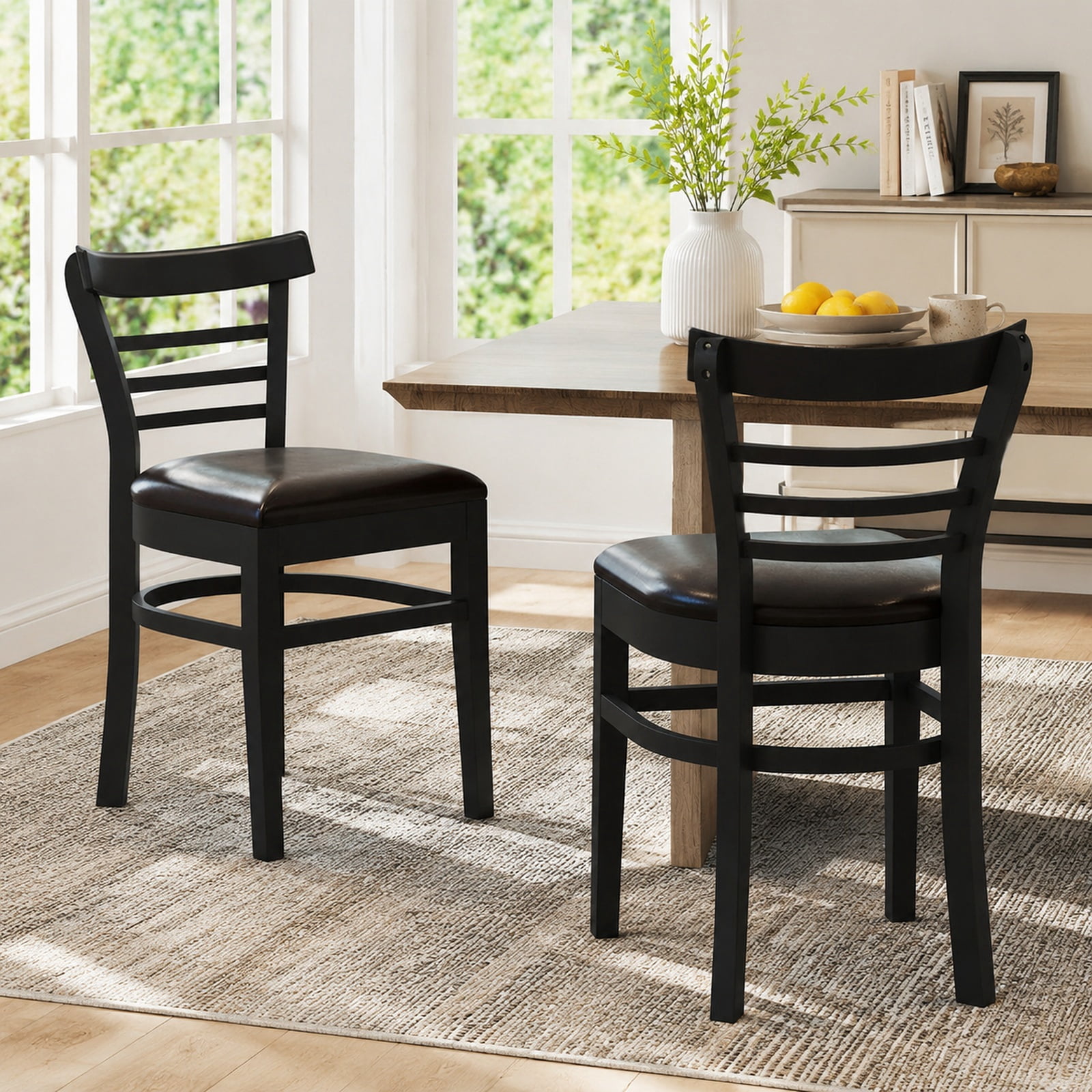 Furnibear Wooden Dining Chairs Set of 2 with Faux Leather Seats and Rubber Wood Legs for Restaurant Kitchen and Dining Room, Black