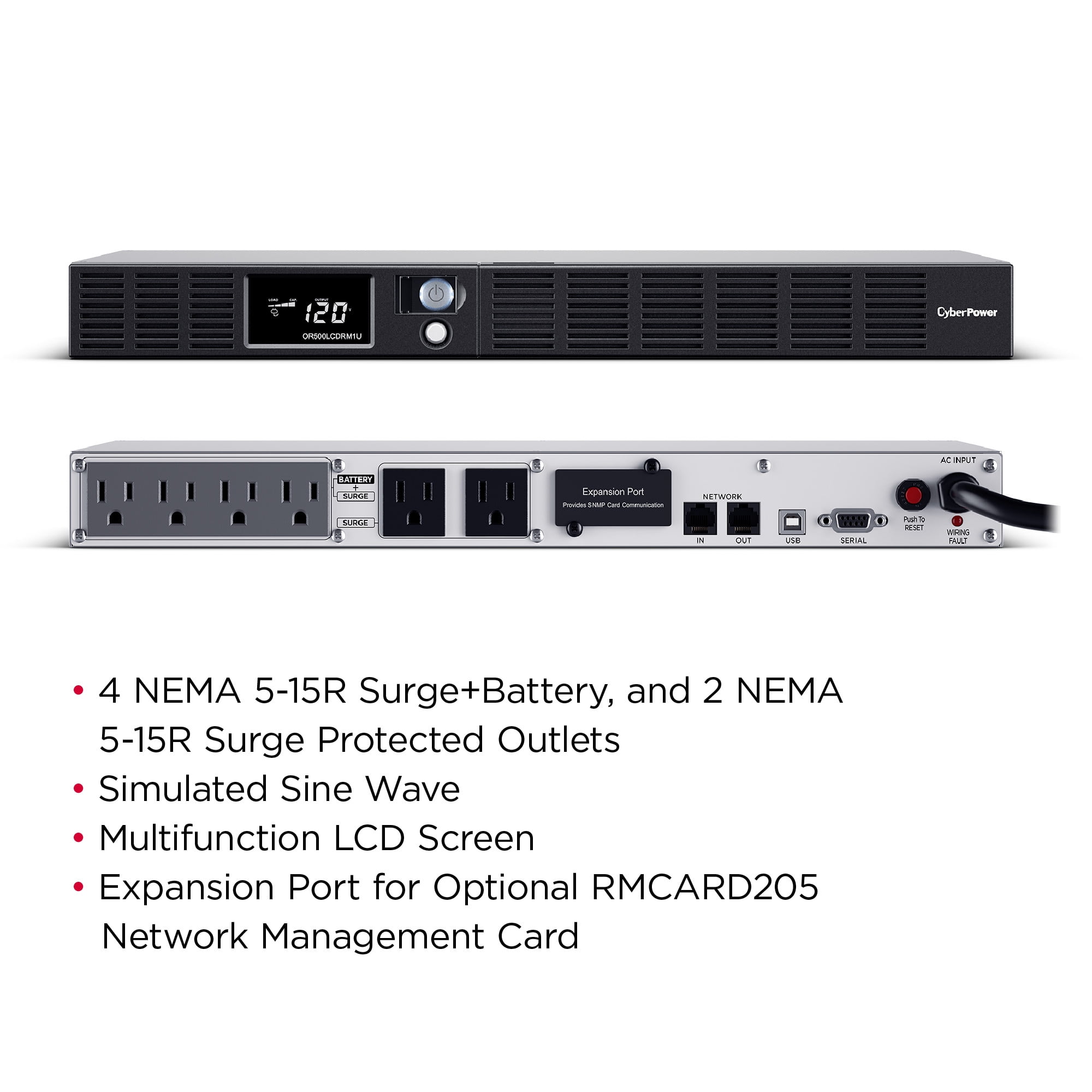 CyberPower OR500LCDRM1U Rackmount UPS, 500VA/300W, 120V, 6 Outlets, LCD Display, AVR, 10 ft Cord