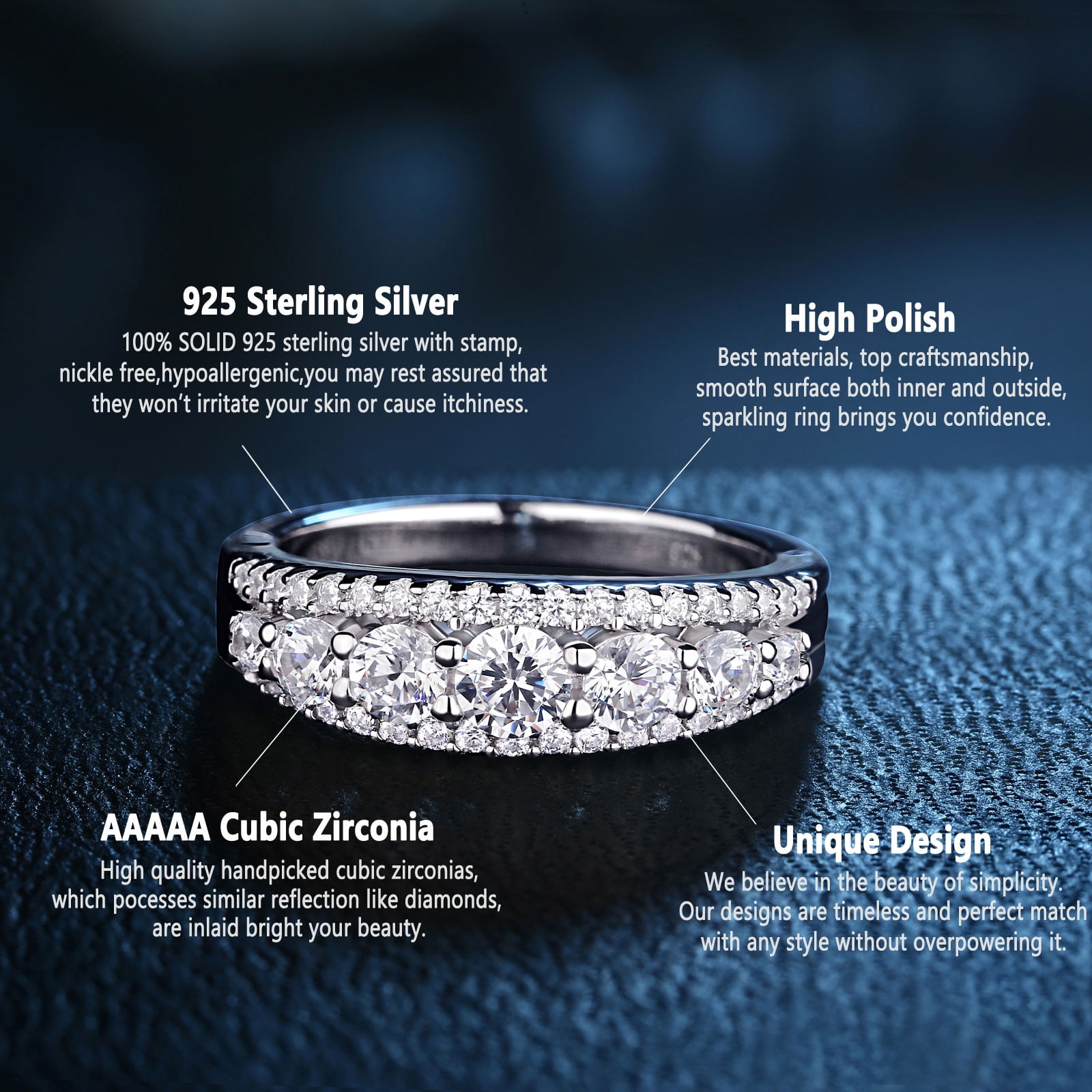 Newshe Jewellery Wedding Band for Women 925 Sterling Silver Eternity Ring Round White 1.13ct AAAAA Cz Size 7