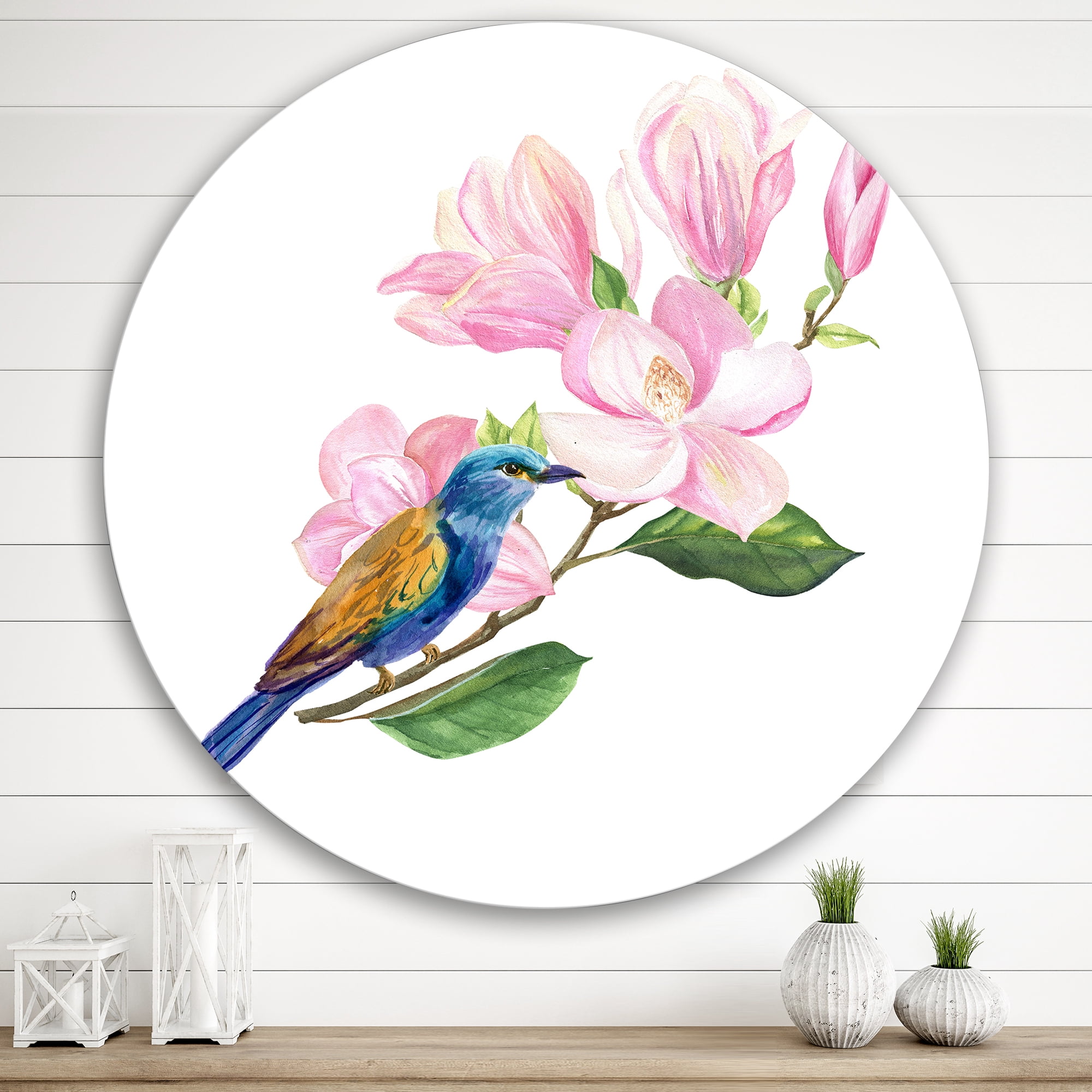 Designart 'Blue Bird Sitting On A Pink Magnolia' Traditional Circle Metal Wall Art 29x29 - Disc of 29