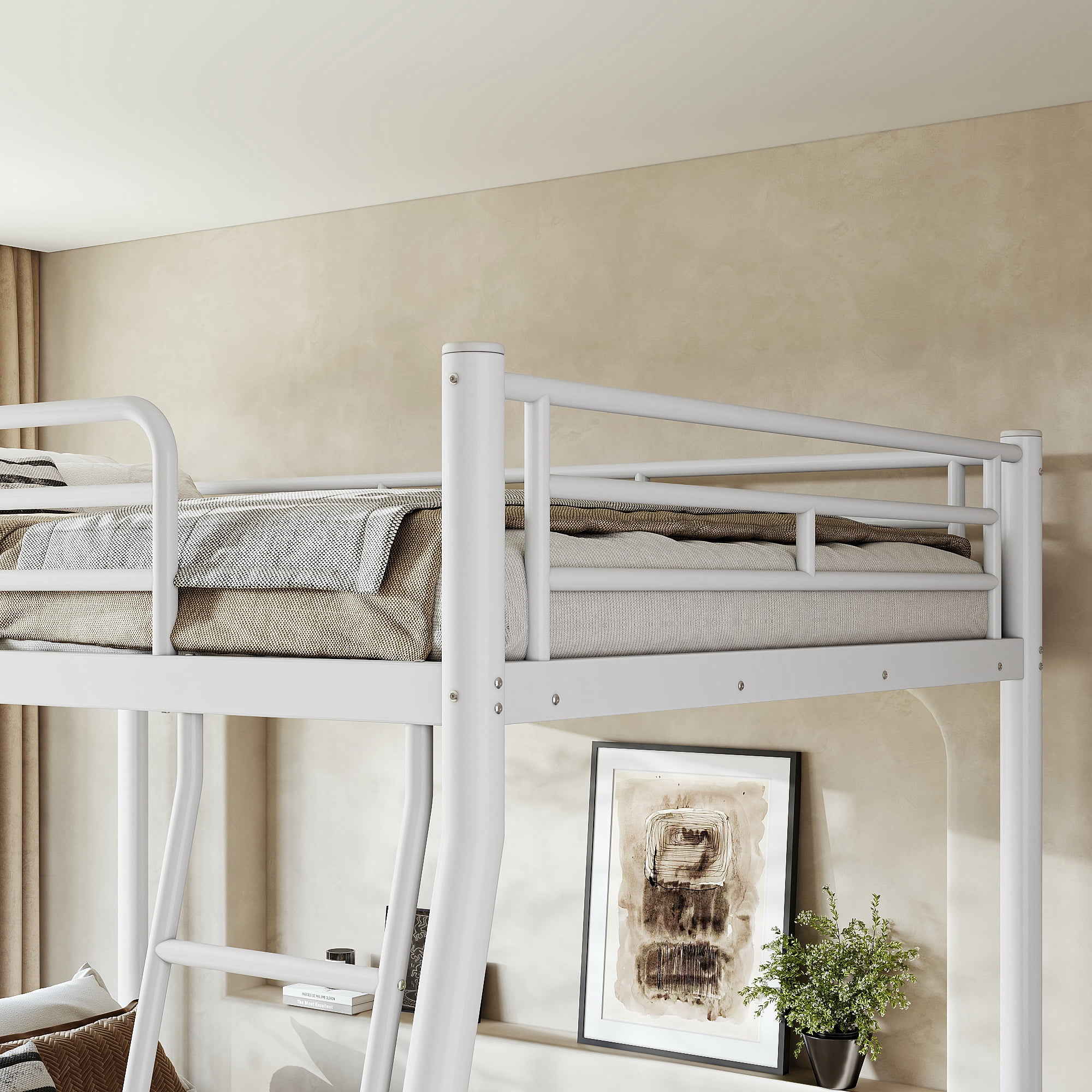 GARITIN Full XL Over Queen Size Metal Bunk Bed 82.4 Inch, Bunk Bed Frame with Ladder and Guardrails for Teens Adults, White
