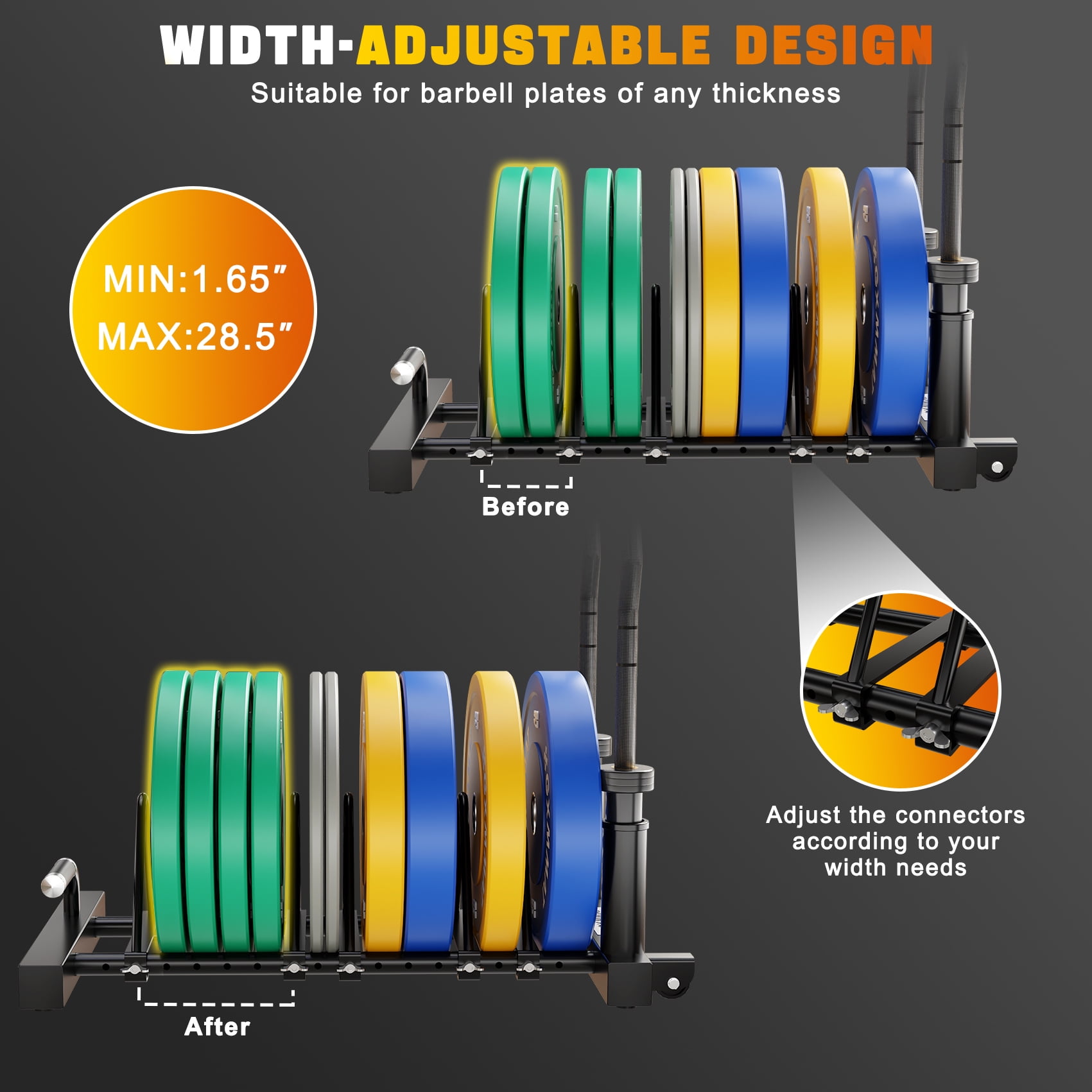 GXMMAT Horizontal Olympic Weight Plate Rack | 330lbs Capacity Powder-Coated Steel Frame | 4 Plate Storage Slots + 2 Barbell Holders | Adjustable Slot Spacing | Includes Wheels & Non-Slip Handles