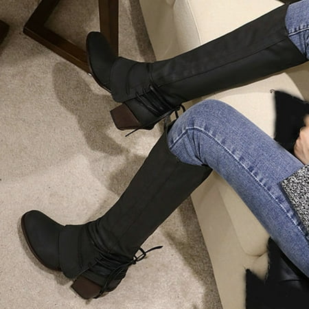 

TIANEK Long Pointed Lace-Up Warm Solid High Heel Knight Leather Brown Cowboy Boots For Women